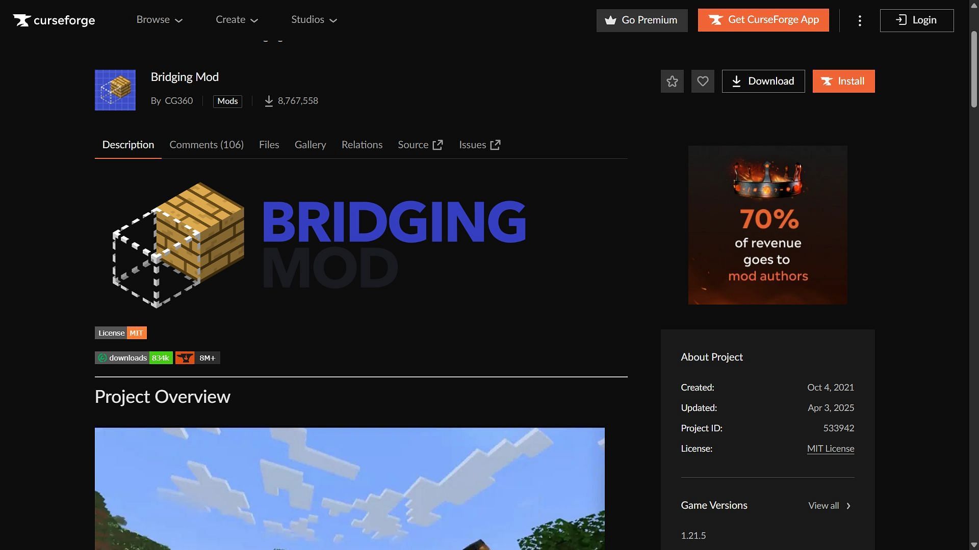 Bridging mod can be easily downloaded from the CurseForge website (Image via CurseForge/@CG360)